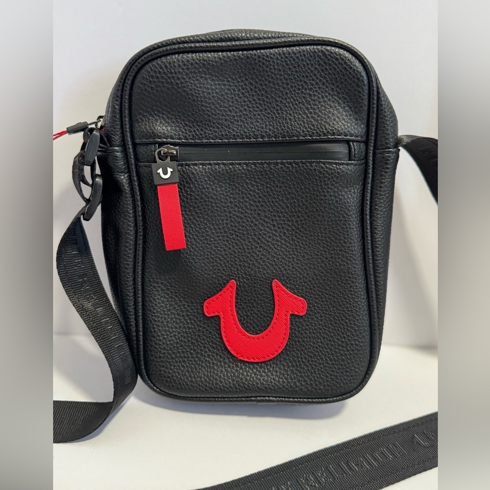 True Religion black and red crossbody leather bag